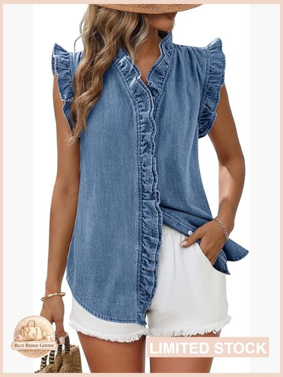Tops - Denim Vest Top Peplum V-Neck Sleeveless Chic Casual Button Down